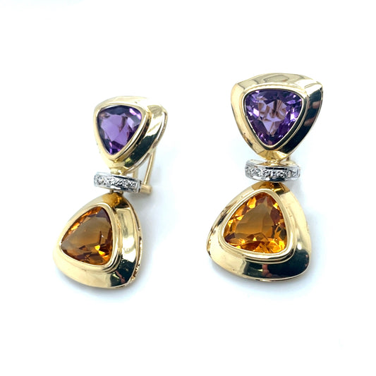 14k Yellow Gold Purple Amethyst and Orange Topaz 0.15 CT TW Diamonds Earrings