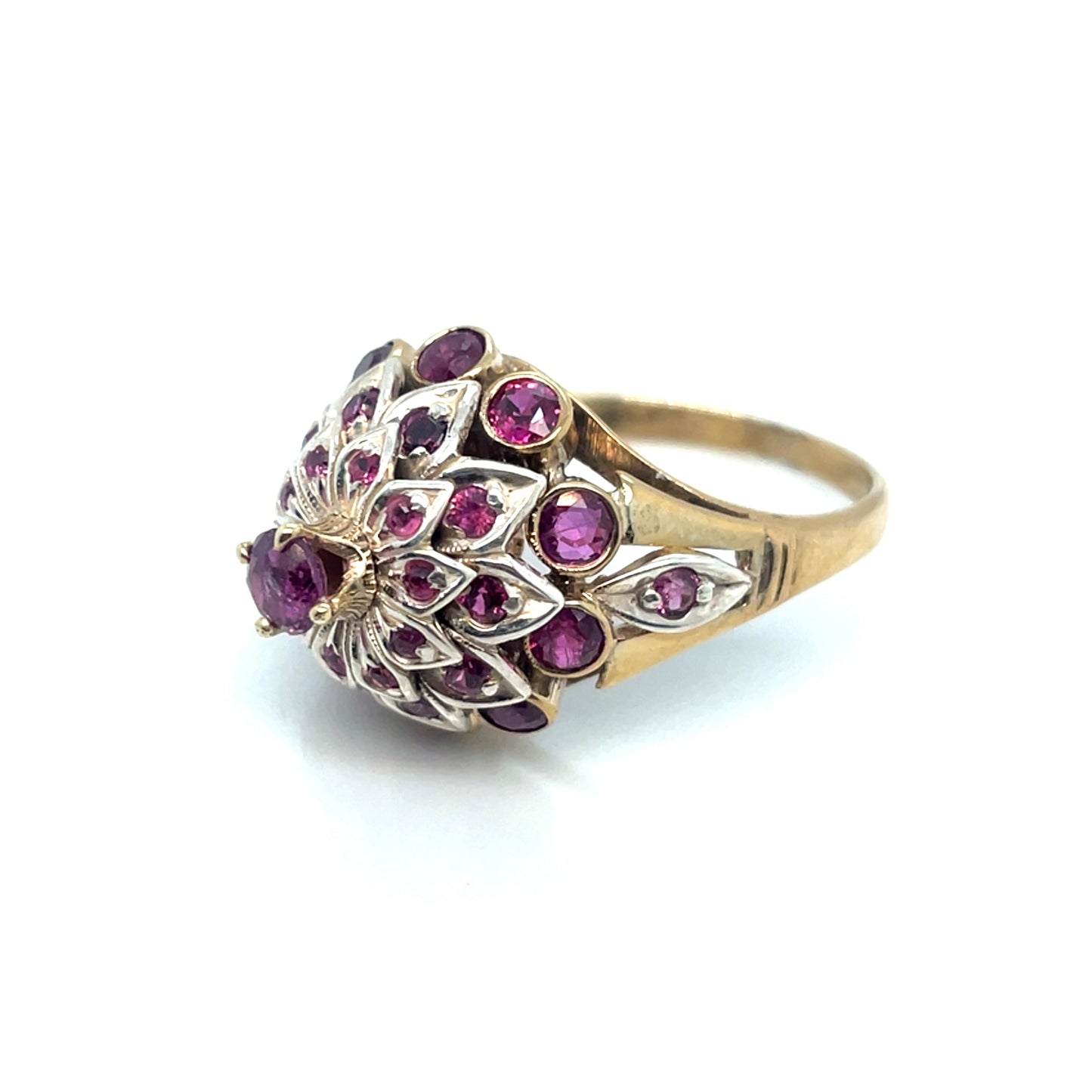 Vintage Thai Princess Harem 18k Yellow Gold and Sterling Silver Tourmaline and Ruby Antique Ring