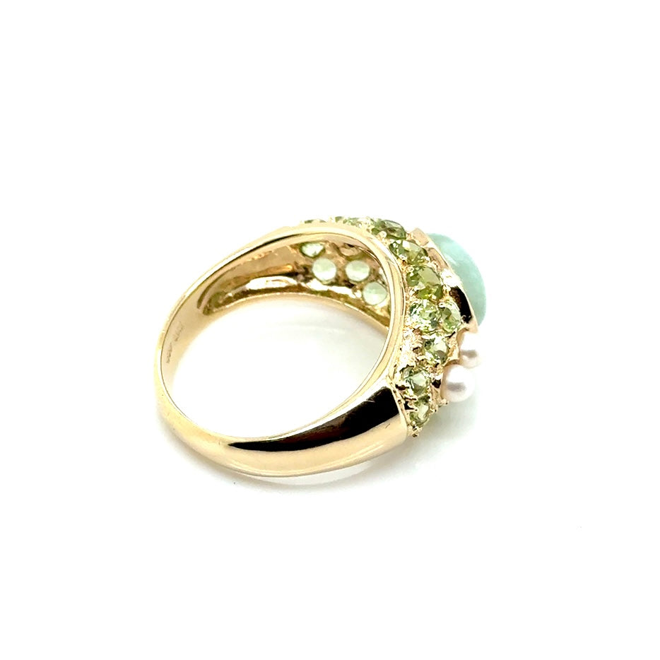 14k Yellow Gold Jade, Pearls and Tourmaline Stones Ring