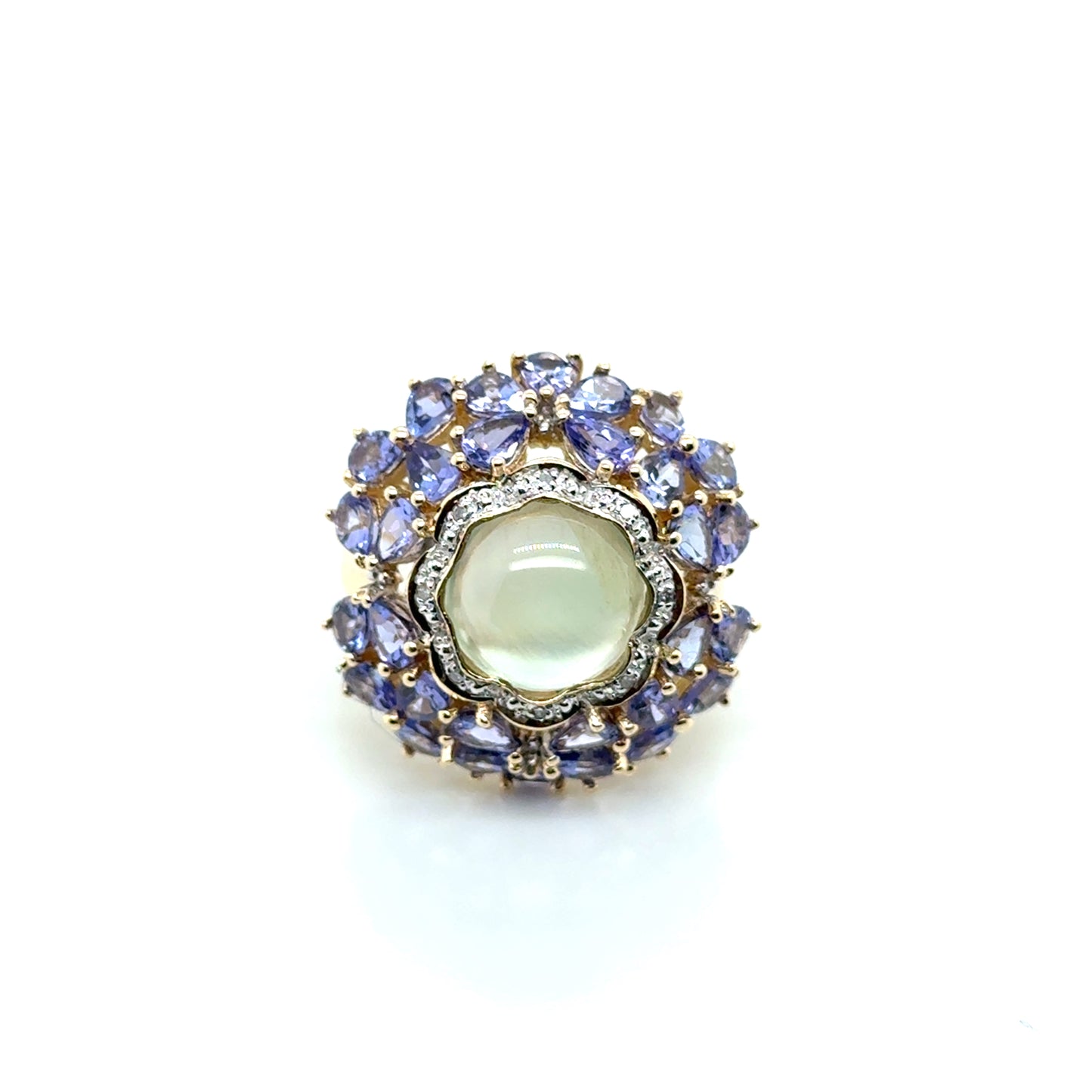 14k Yellow Gold Prasiolite, Tanzanite and Diamonds Ring