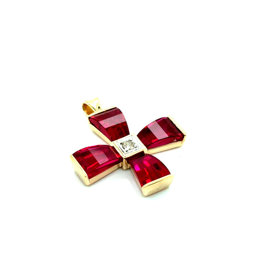 New 10k Yellow Gold Diamond & Pink Ruby Cross Pendant