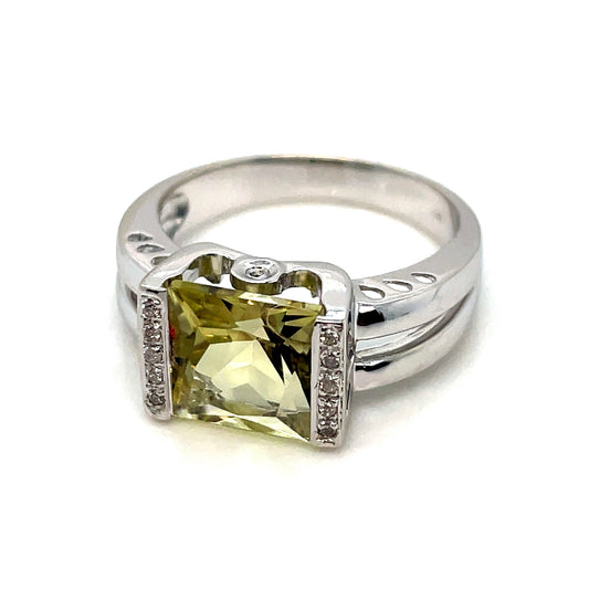 14k White Gold Lemon Quartz Diamond Ring