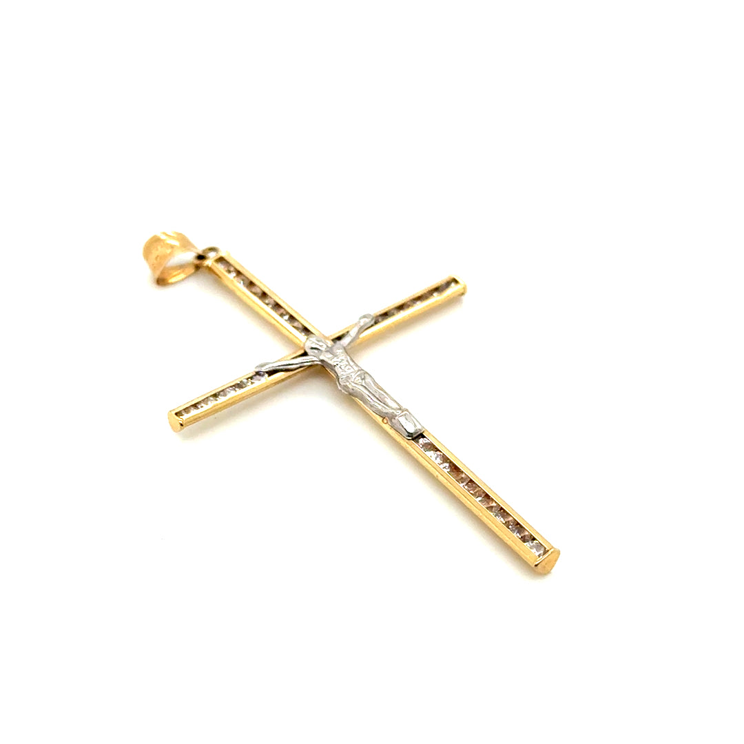 14k Yellow & White Gold Crucifix Cross CZ Pendant