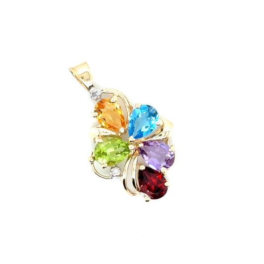 14k Yellow Gold Citrin, Garnet, Peridot, Topaz, Amethyst and Diamond Pendant