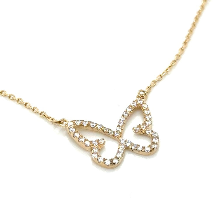 New 14k Yellow Gold Cubic Zirconia Butterfly Necklace