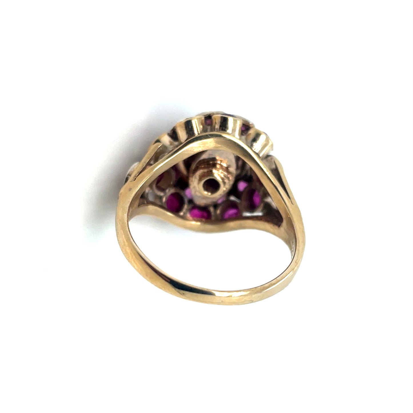 Vintage Thai Princess Harem 18k Yellow Gold and Sterling Silver Tourmaline and Ruby Antique Ring