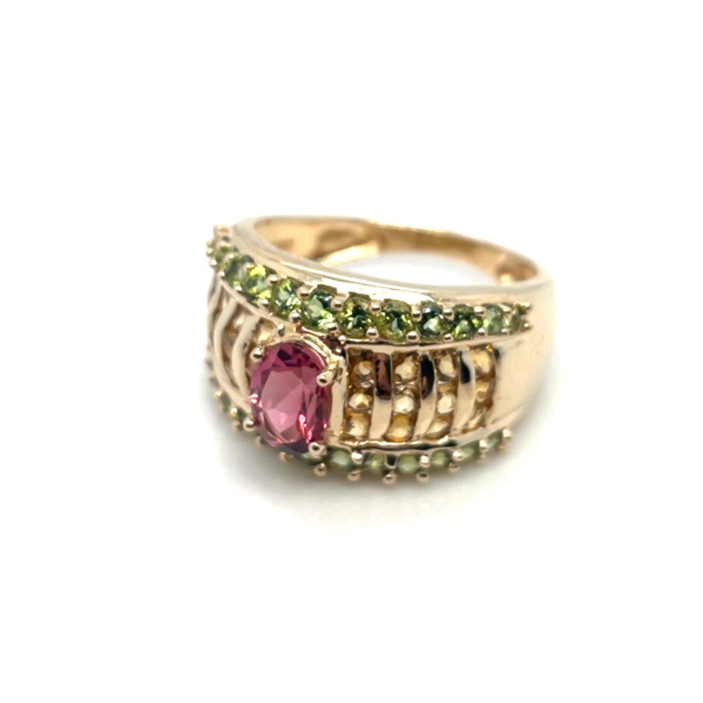 14k Yellow Gold Green Peridot and Pink, Yellow Tourmaline Ring