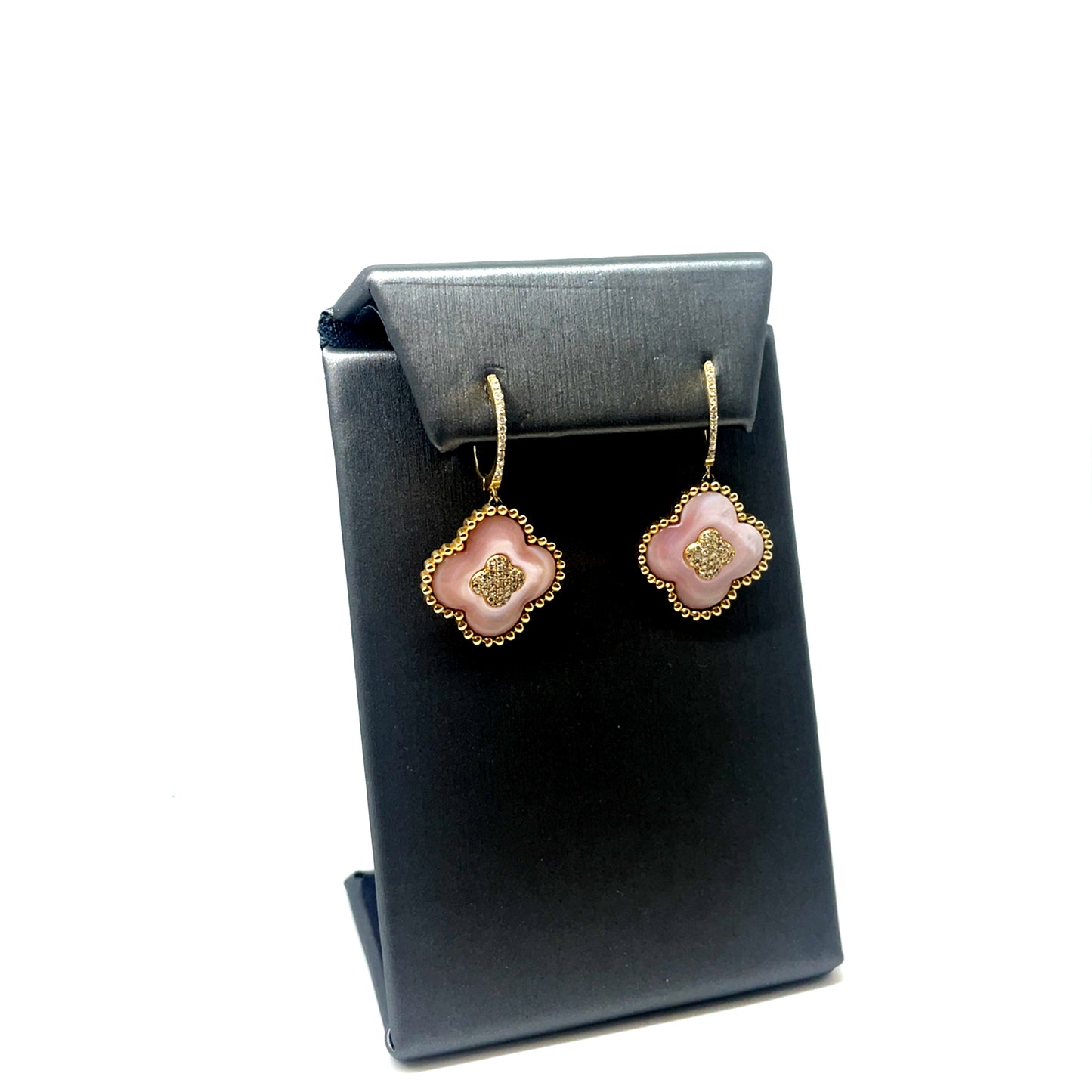 14k Yellow Gold Van Cleef Style Rose Quartz and 0.75 CT TW Diamonds Earrings