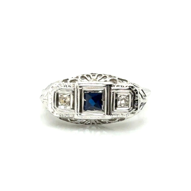 Antique 14k White Gold Sapphire and Diamond Ring
