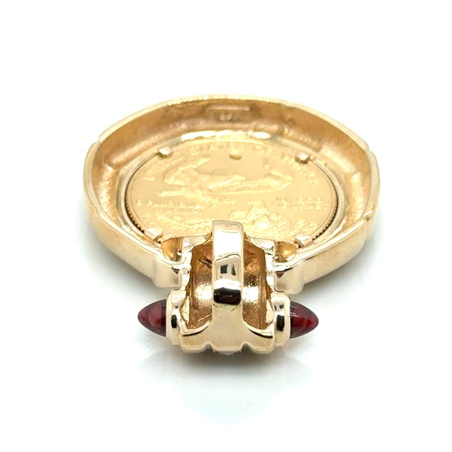14k Yellow Gold 1997 Coin, Diamonds and Garnet Pendant