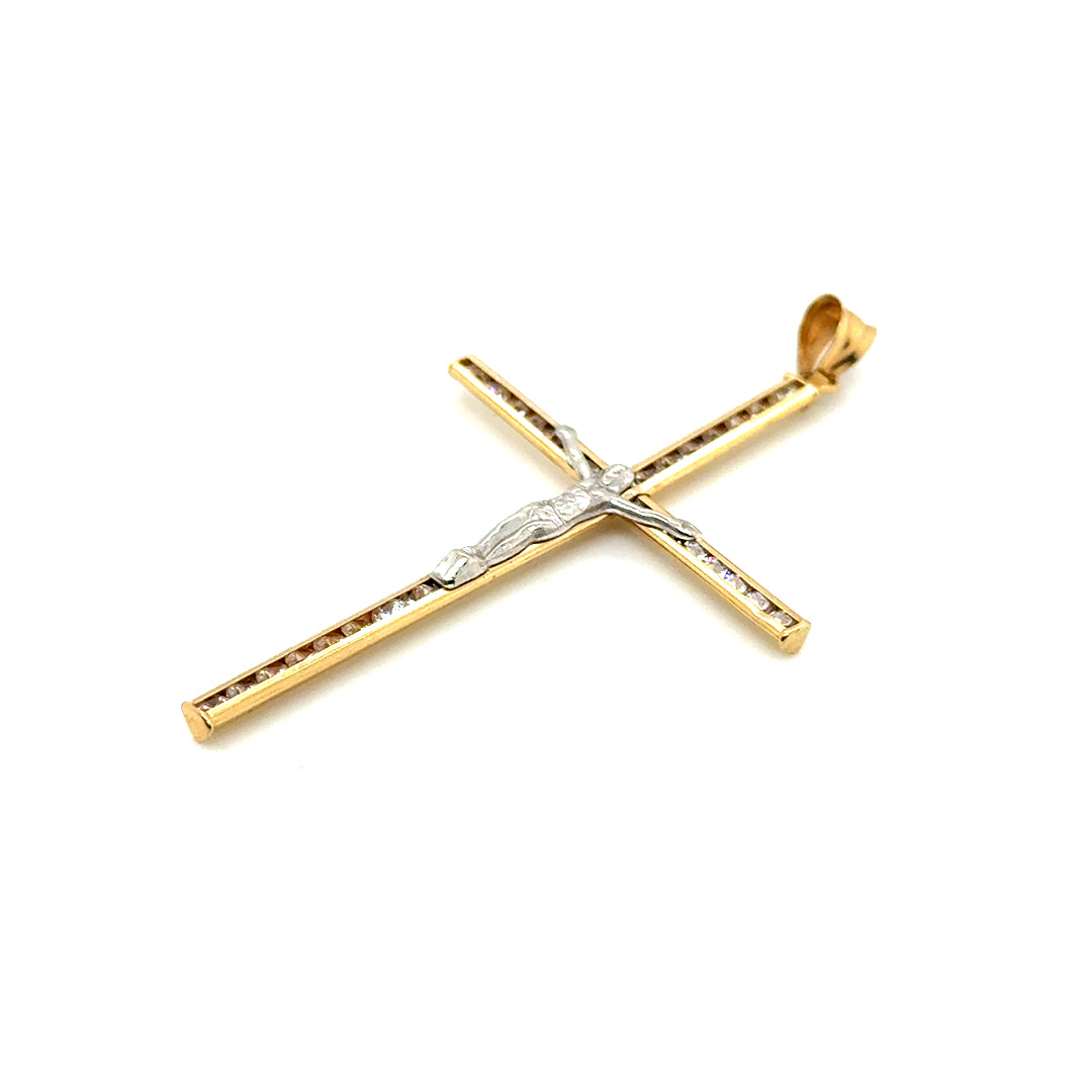 14k Yellow & White Gold Crucifix Cross CZ Pendant