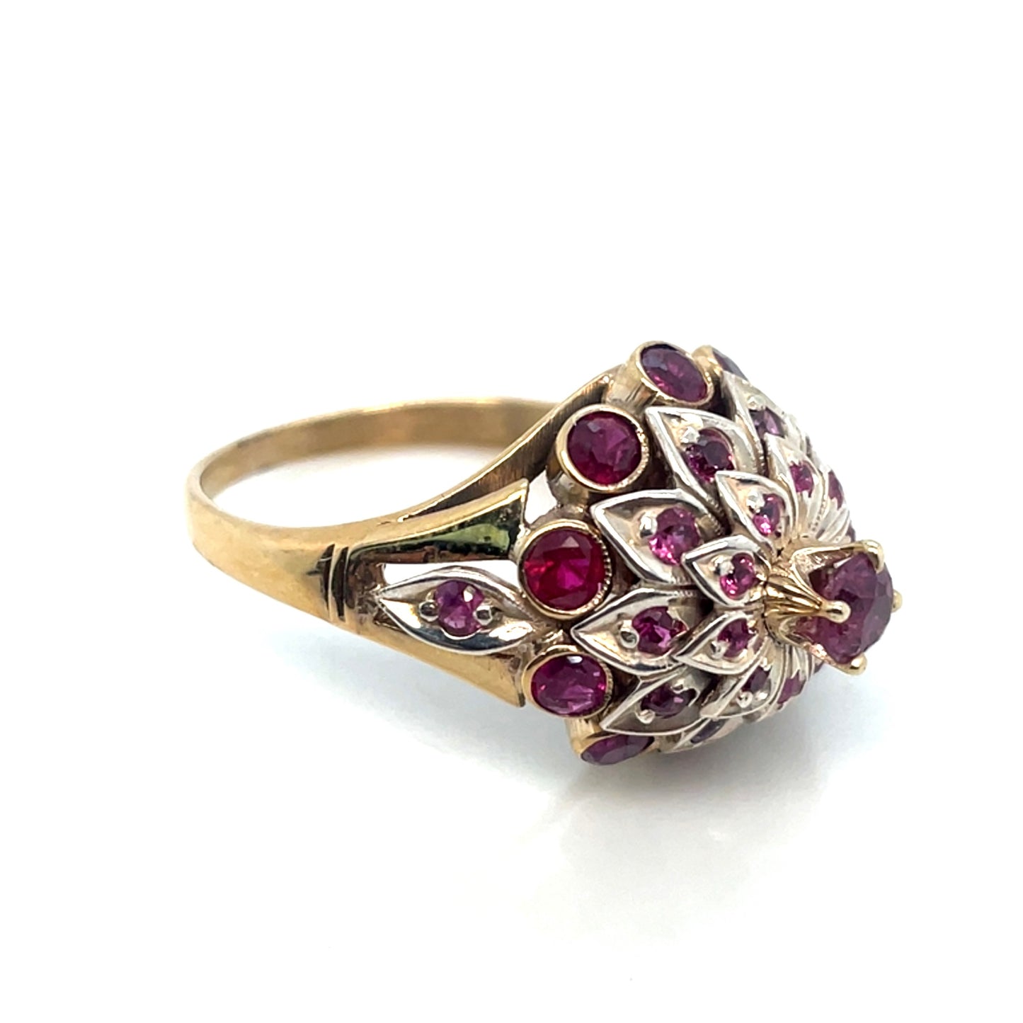 Vintage Thai Princess Harem 18k Yellow Gold and Sterling Silver Tourmaline and Ruby Antique Ring