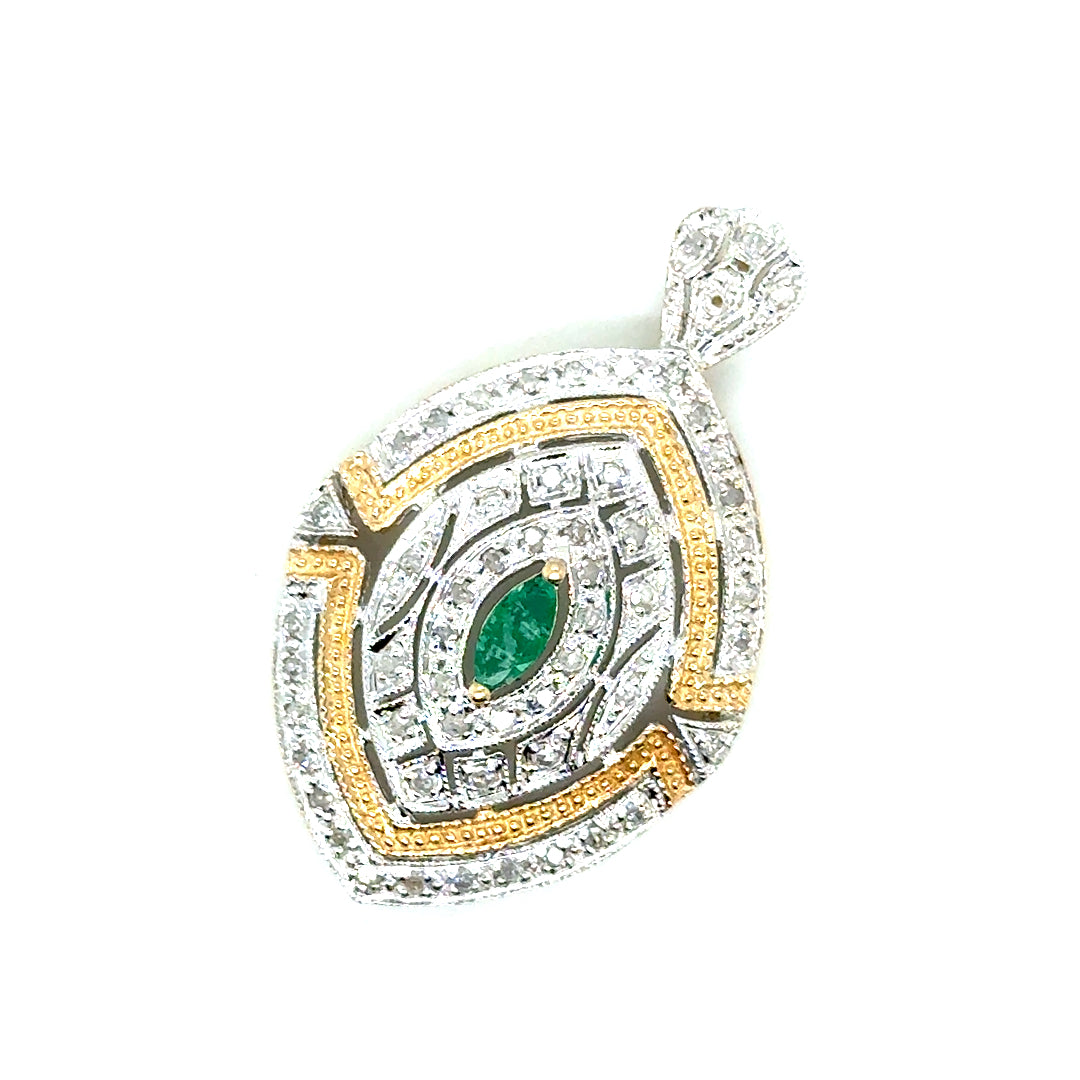 New 10k Yellow & White Gold Diamond & Colombian Emerald Pendant