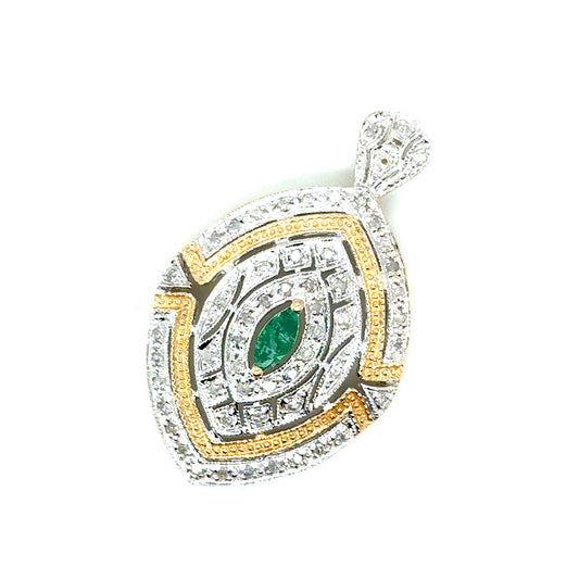 New 10k Yellow & White Gold Diamond & Colombian Emerald Pendant