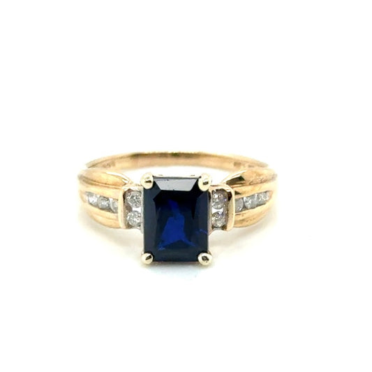 10k Yellow Gold Synthetic Sapphire and Diamonds Ring