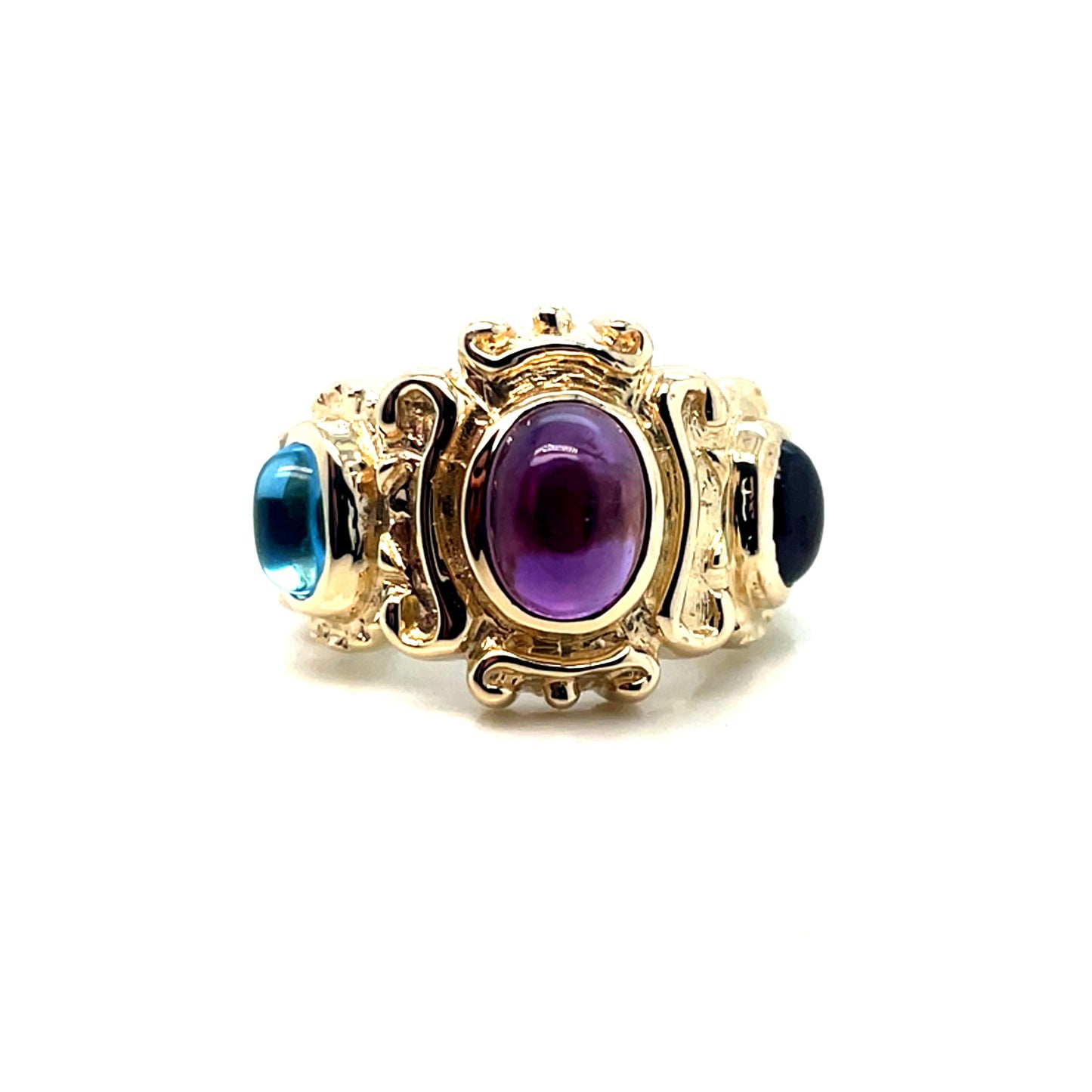 14k Yellow Gold Purple Amethyst and Cherry Red Garnet and Blue Aquamarine Ring