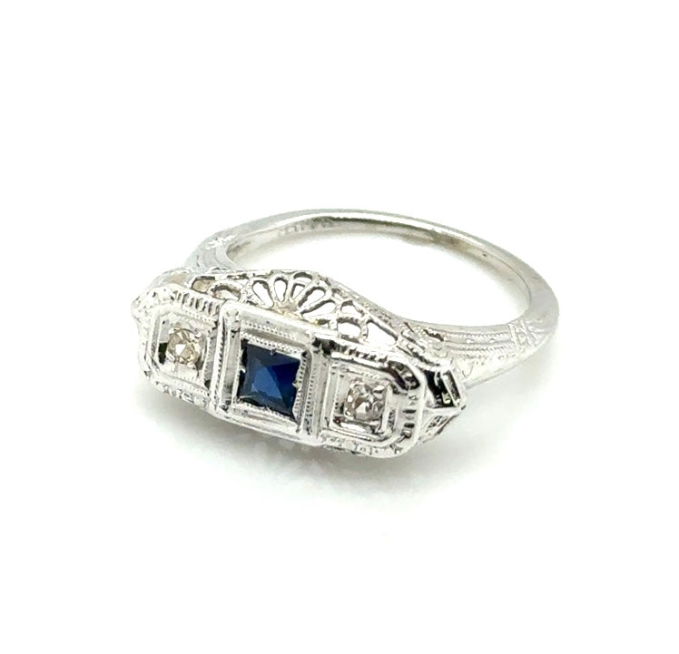 Antique 14k White Gold Sapphire and Diamond Ring