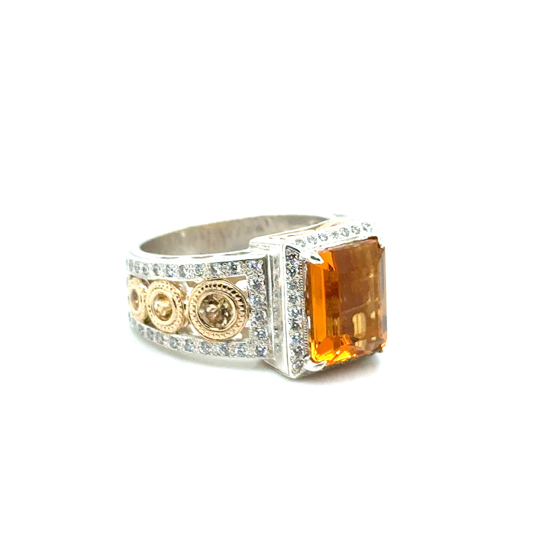New Custom Made 14k Yellow Gold and Silver 0.90 CT TW Diamond & Citrin Ring