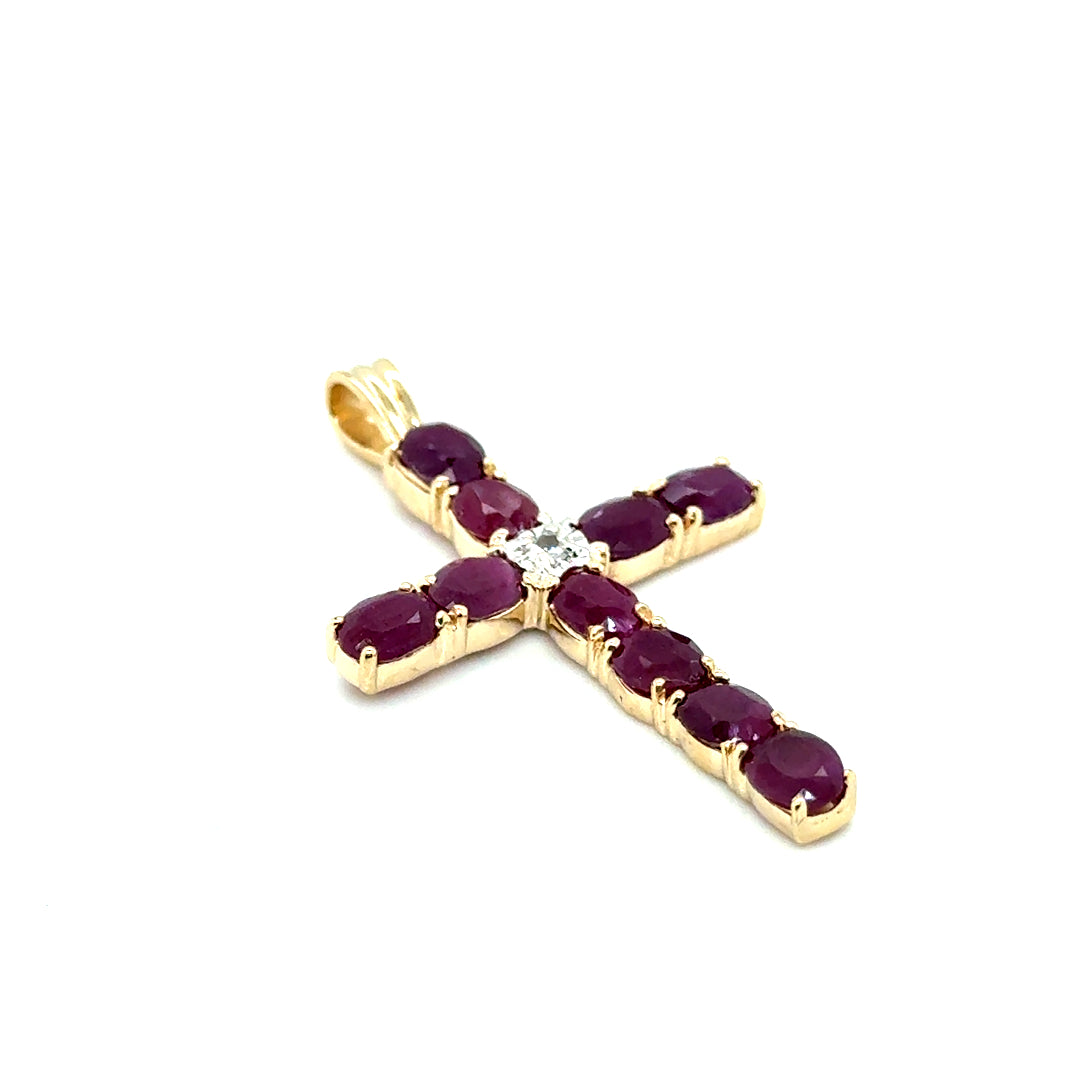 New 10k Yellow Gold Ruby & Diamond Cross Pendant