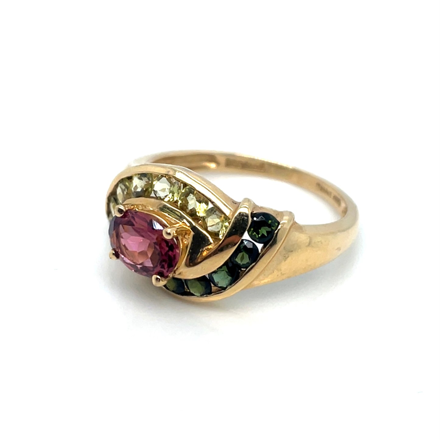 14k Yellow Gold Green and Pink Tourmaline and Lemon Quartz Ring