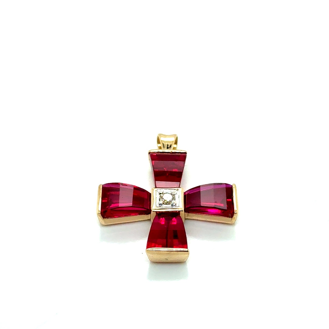 New 10k Yellow Gold Diamond & Pink Ruby Cross Pendant