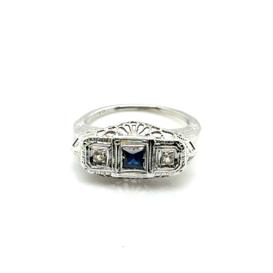 Antique 14k White Gold Sapphire and Diamond Ring