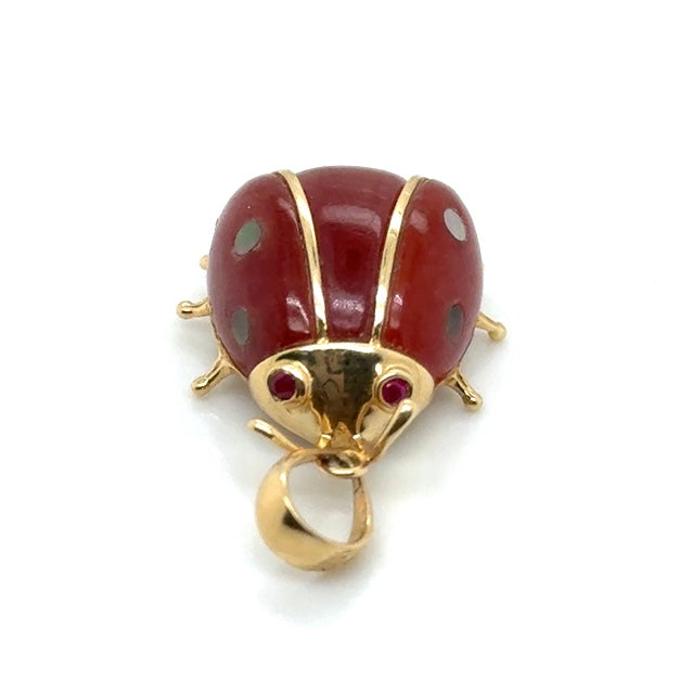 14k Yellow Gold Carnelian and Ruby Eyes Ladybug Pendant