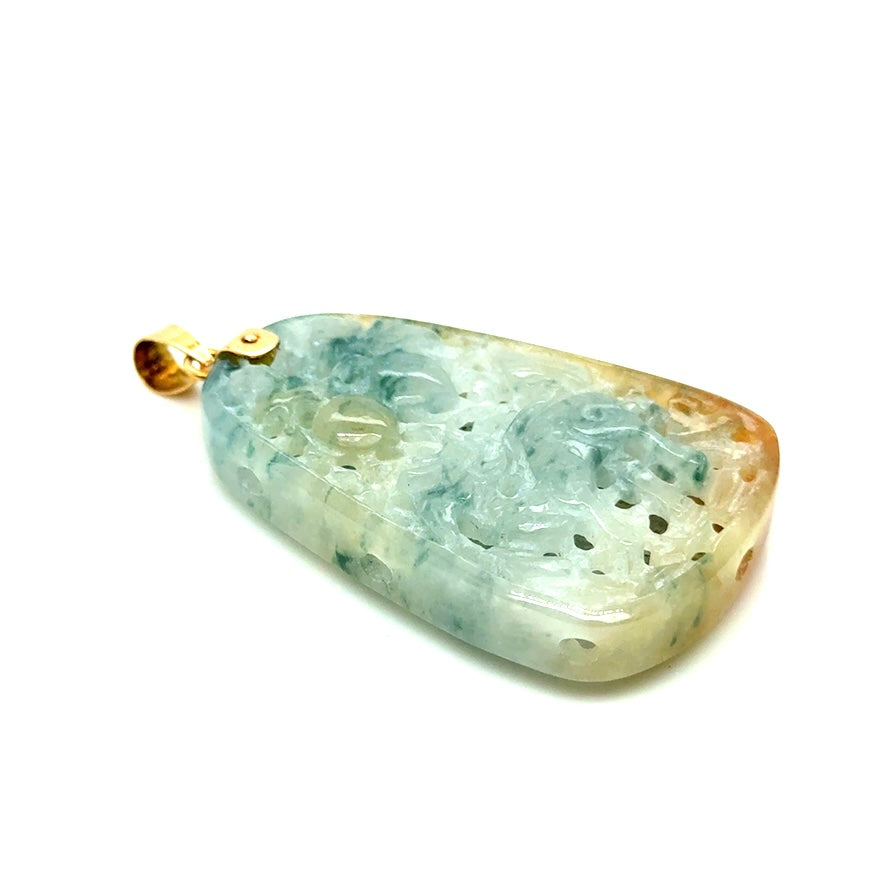 14k Yellow Gold Carved Green Brown Natural Jade Bird and Dragon Pendant