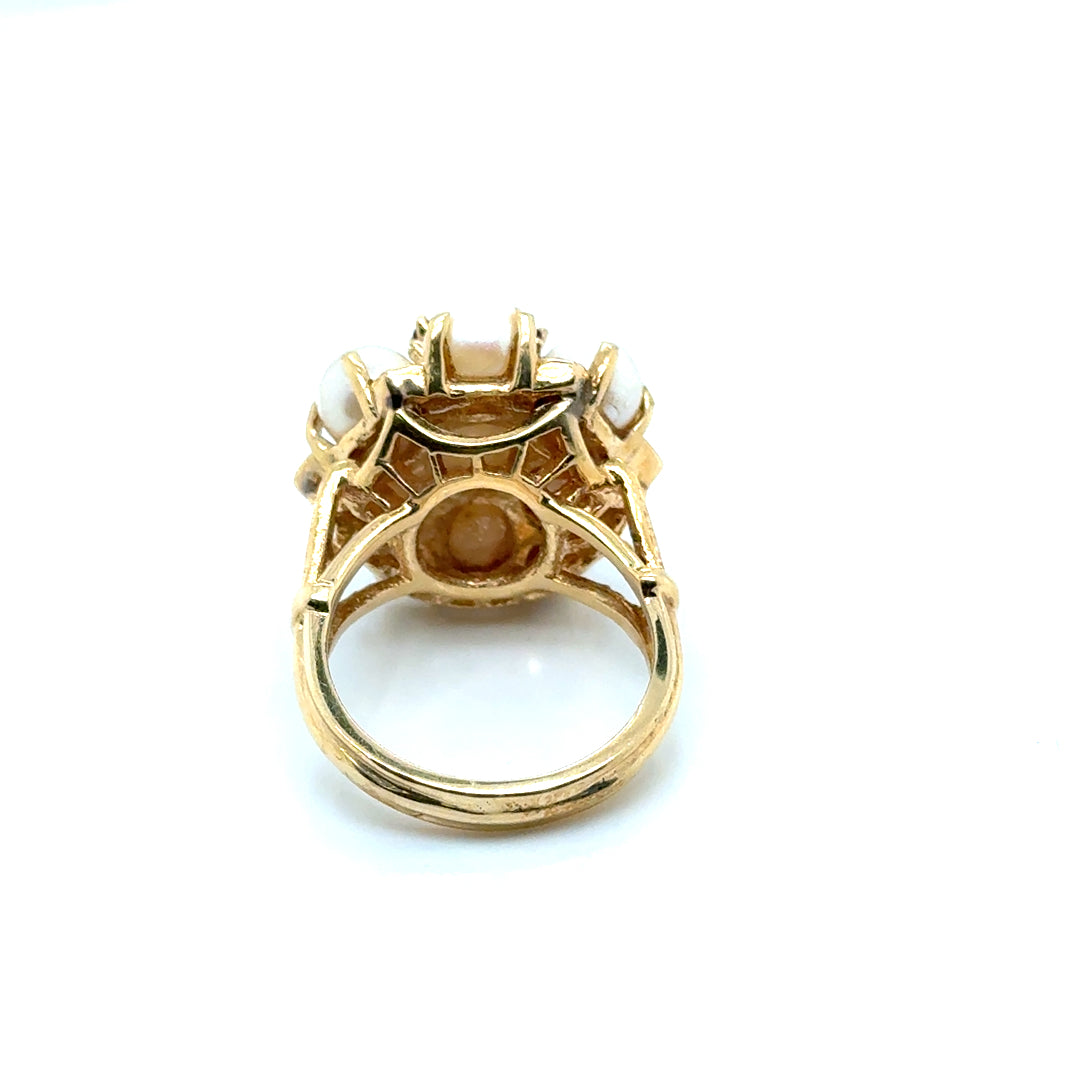 Vintage Style 14k Yellow Gold Pearl and Pink Tourmaline Ring
