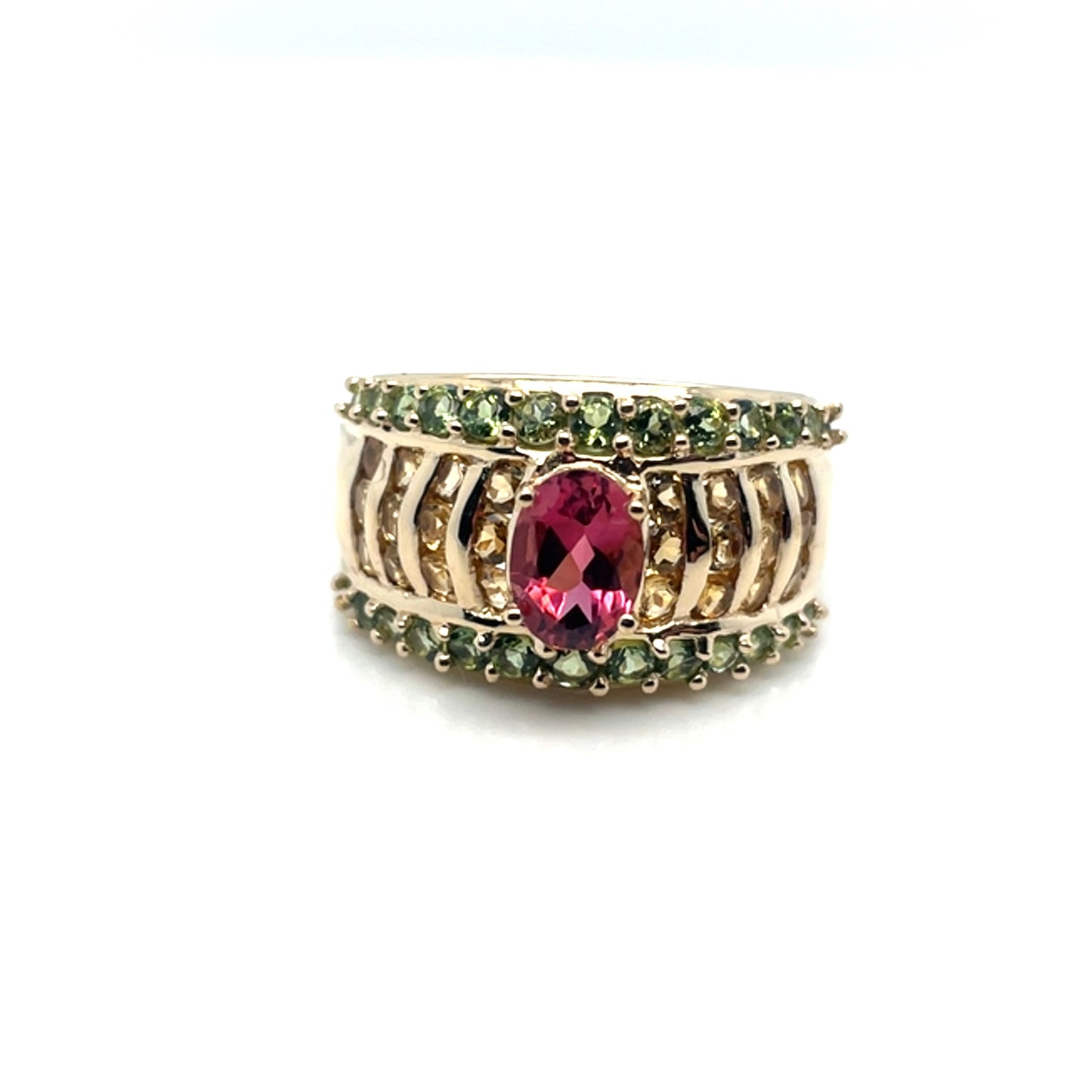 14k Yellow Gold Green Peridot and Pink, Yellow Tourmaline Ring