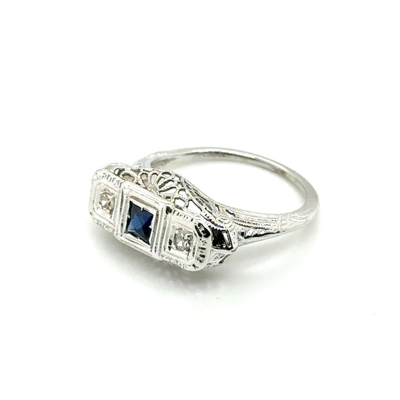 Antique 14k White Gold Sapphire and Diamond Ring