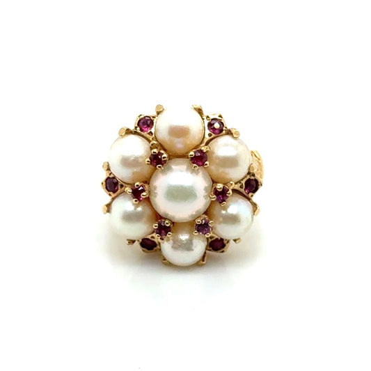 Vintage Style 14k Yellow Gold Pearl and Pink Tourmaline Ring