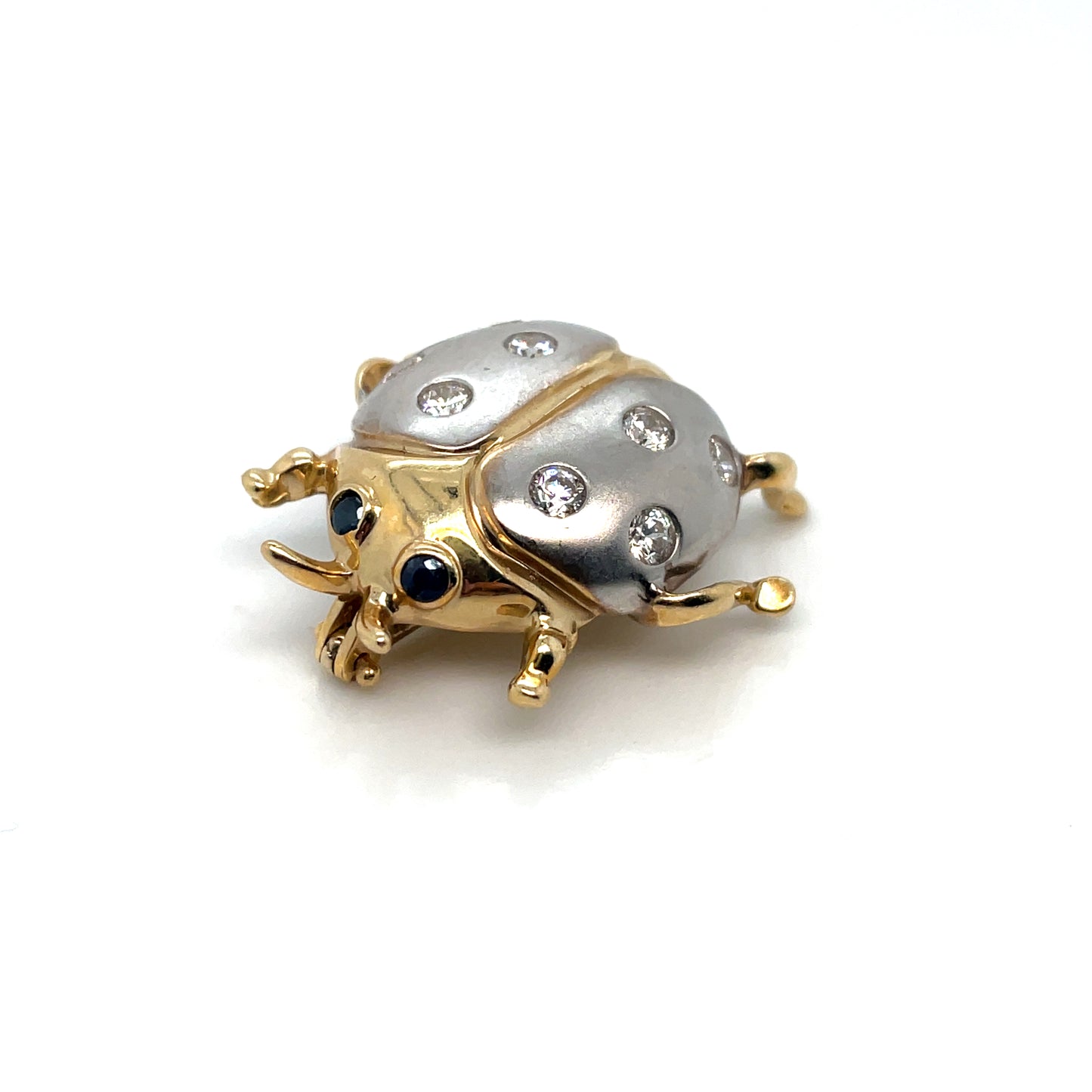 14k Yellow and White Gold White Topaz and Sapphire Eyes Ladybug Brooch/Pin