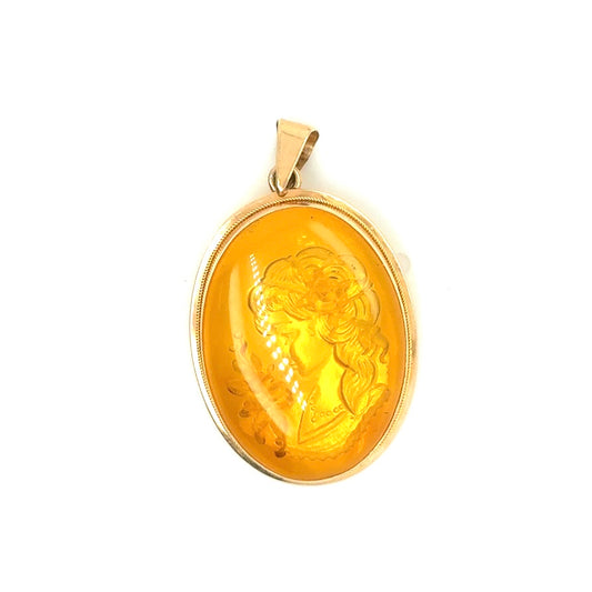 Vintage 14k YG Amber Intaglio Reverse Cameo Portrait Pendant Mickey Anthony
