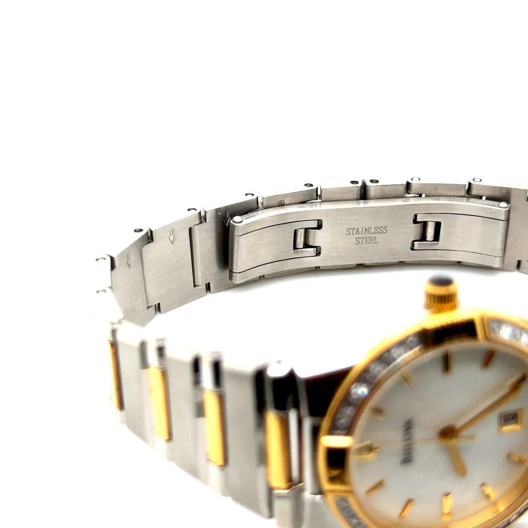 BULOVA Stainless Steel Classic Woman’s Gold Mother-of-Pearl Diamonds Watch
