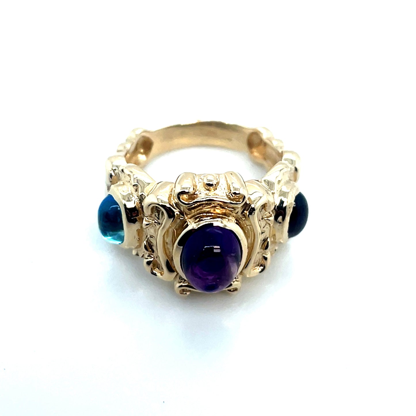 14k Yellow Gold Purple Amethyst and Cherry Red Garnet and Blue Aquamarine Ring