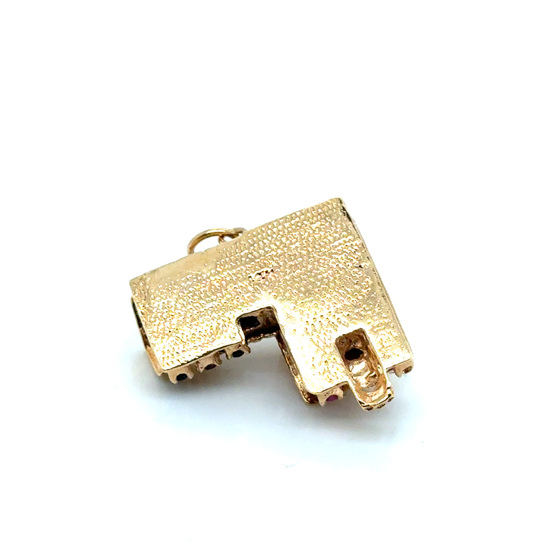 New 14k Yellow Gold House with Car, Pink Tourmaline and Sapphire Pendant