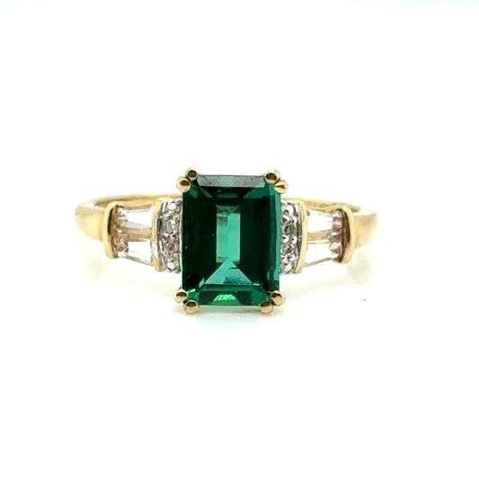 10k Yellow Gold Synthetic Emerald and Diamonds Ring