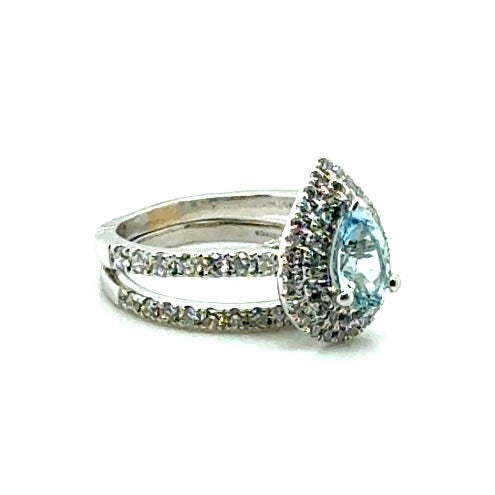 14k White Gold Diamonds & Aquamarine Engagement Ring Set 1.30 CT TW