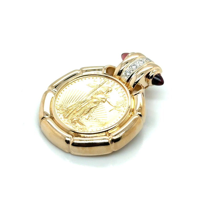 14k Yellow Gold 1997 Coin, Diamonds and Garnet Pendant