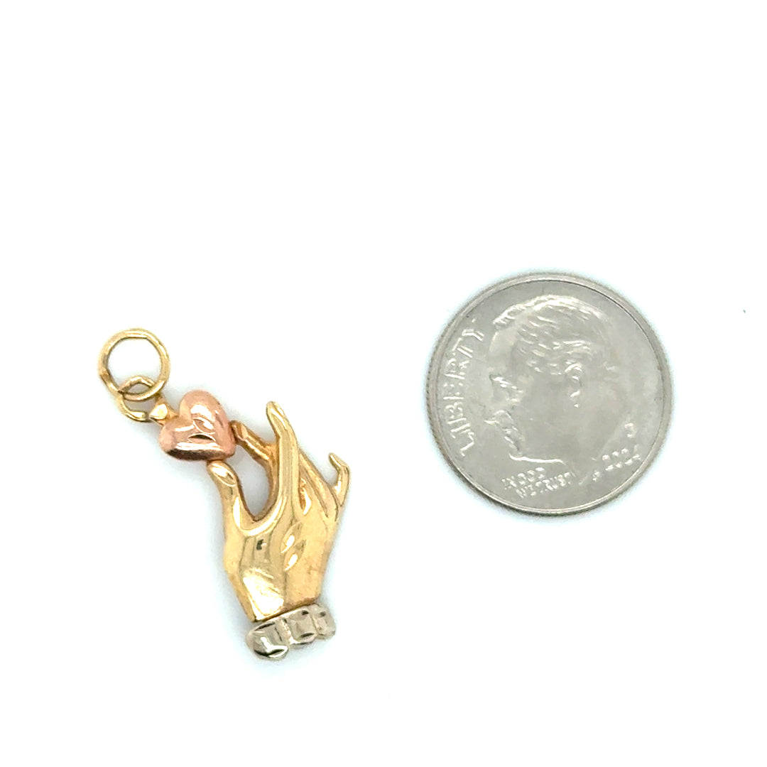 14k Yellow, White and Pink Gold Hand with Heart Pendant