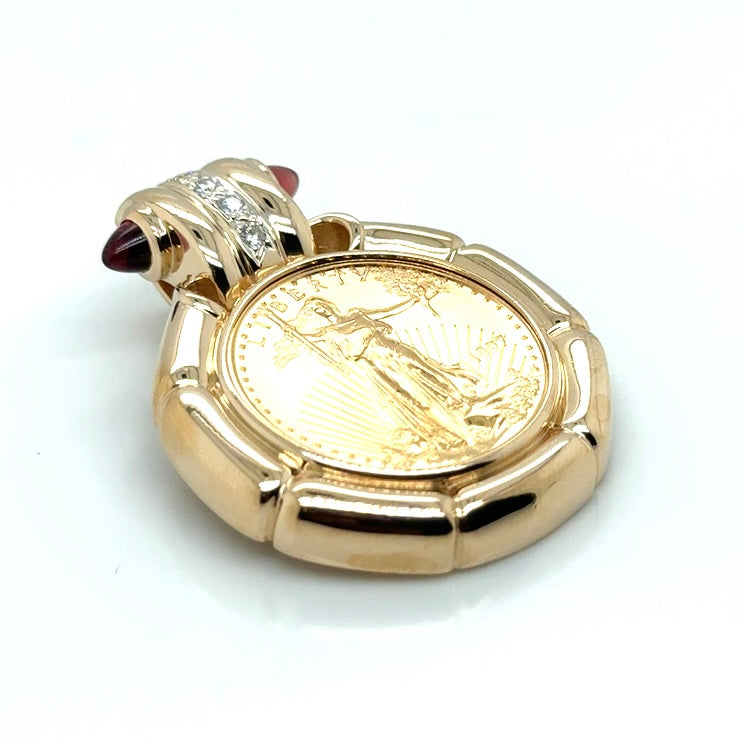 14k Yellow Gold 1997 Coin, Diamonds and Garnet Pendant