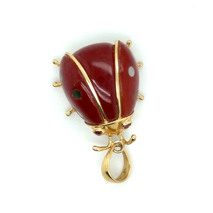 14k Yellow Gold Carnelian and Ruby Eyes Ladybug Pendant