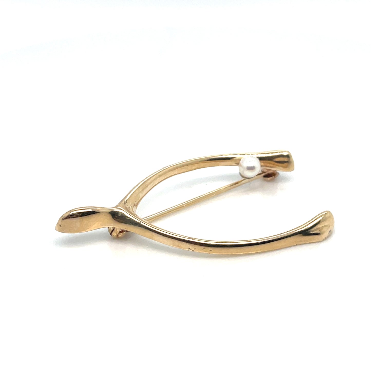 14K Yellow Gold and Cultured Pearl Lucky Wishbone Vintage Brooch/Pin