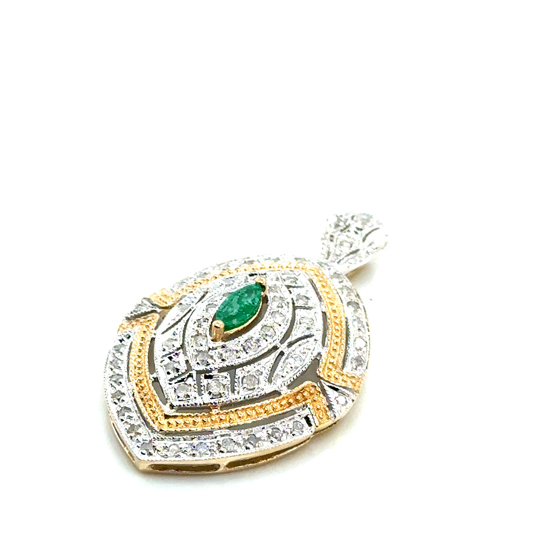 New 10k Yellow & White Gold Diamond & Colombian Emerald Pendant