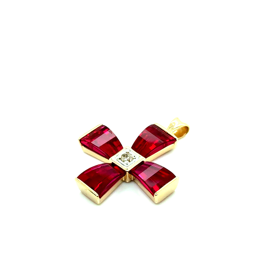 New 10k Yellow Gold Diamond & Pink Ruby Cross Pendant