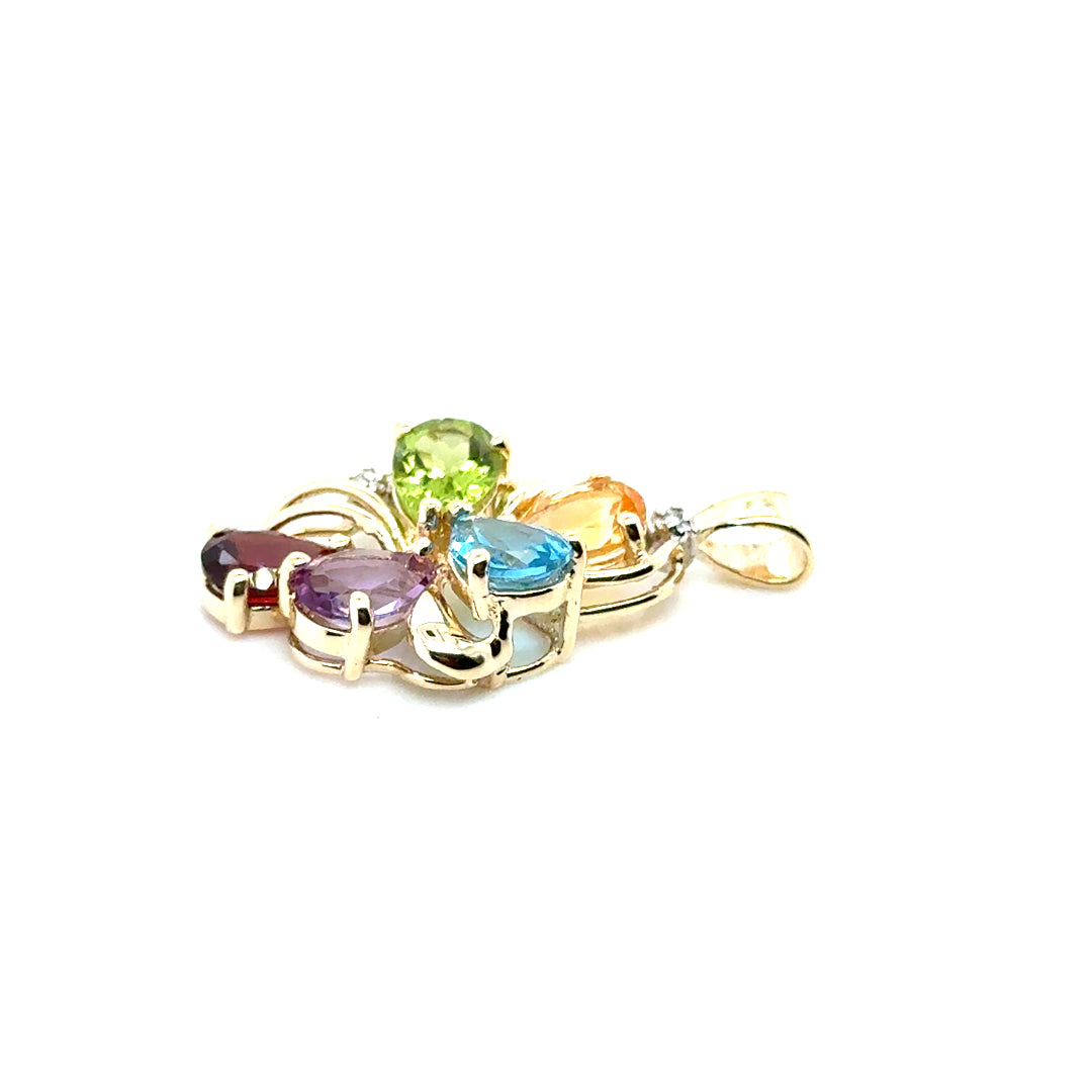 14k Yellow Gold Citrin, Garnet, Peridot, Topaz, Amethyst and Diamond Pendant