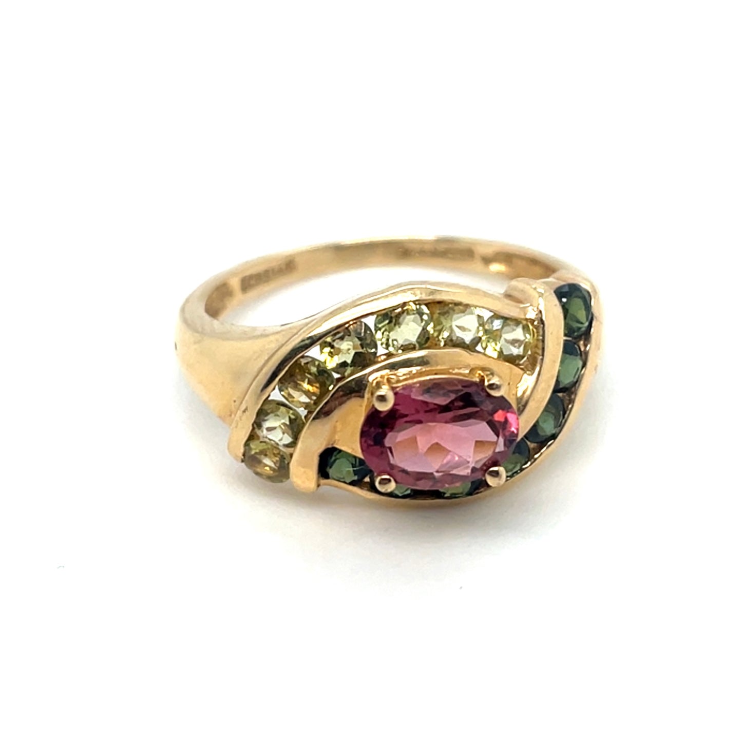 14k Yellow Gold Green and Pink Tourmaline and Lemon Quartz Ring