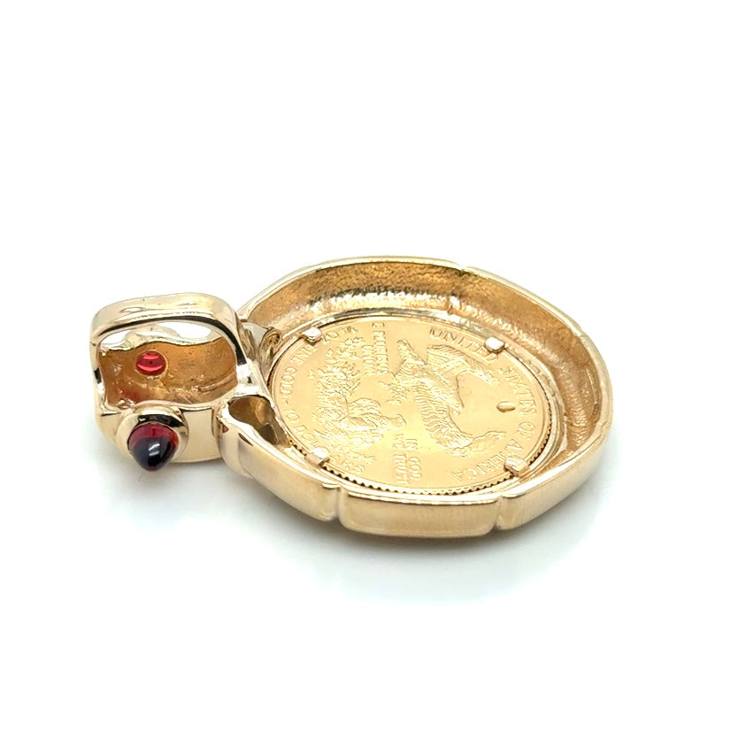 14k Yellow Gold 1997 Coin, Diamonds and Garnet Pendant